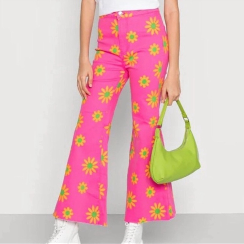 Free People Pink Floral Flare Jeans with Yellow Sunburst Print - Picture 4 of 13